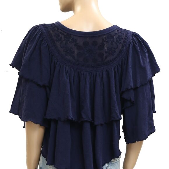 Free People Rose Party Tee Blouse Top Swingy Lace Embroidered Ruffle M 281559 - Picture 6 of 6